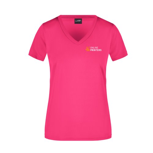 Roze polyester dames T-shirt met V-hals en korte mouwen.