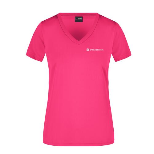 Roze polyester dames T-shirt met V-hals en korte mouwen.