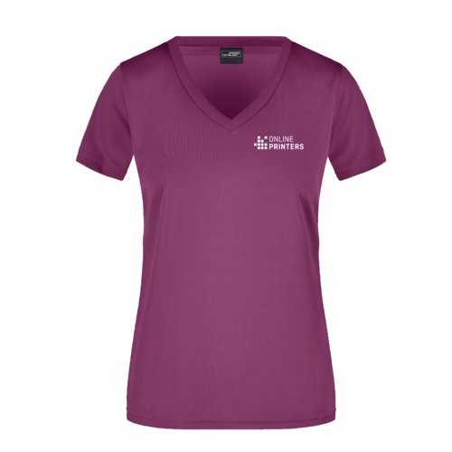 Paars polyester T-shirt met V-hals voor dames.