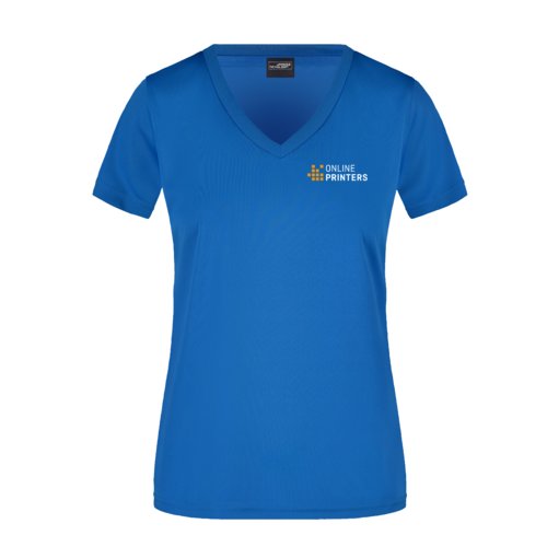 Koningsblauw polyester dames-T-shirt met V-hals en korte mouwen.