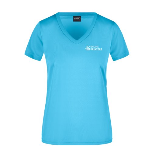 Turquoise polyester shirt met V-hals voor dames.