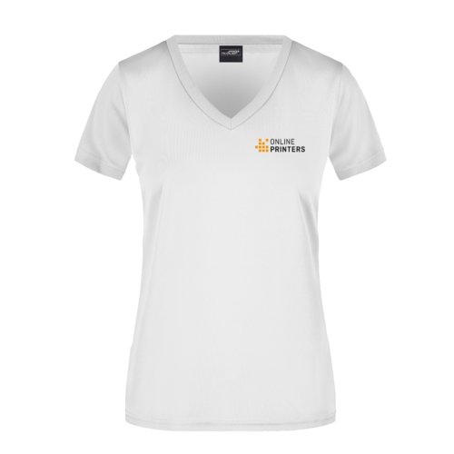 Wit polyester dames-T-shirt met V-hals en korte mouwen.