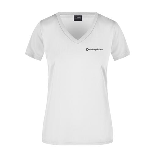 Wit polyester dames-T-shirt met V-hals en korte mouwen.