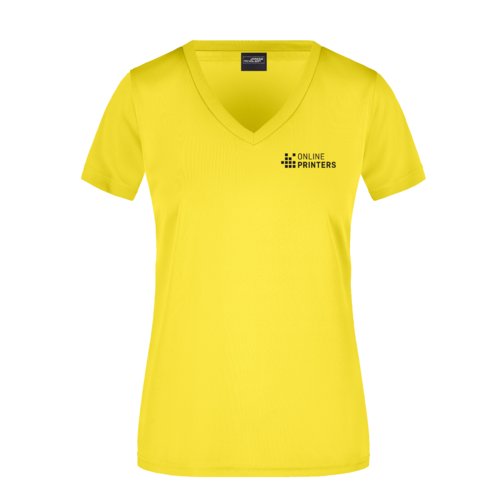 Geel polyester shirt met V-hals voor dames.