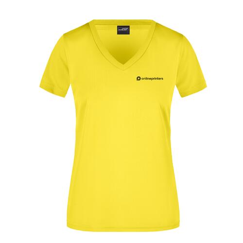 Geel polyester shirt met V-hals voor dames.
