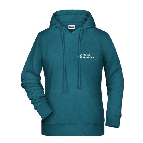 Petrol gemleerde katoen-polyester hoodie met capuchon en trekkoord.