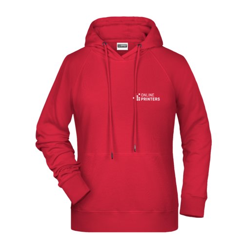 Rode dameshoodie van katoen-polyester met capuchon en kangoeroezak.