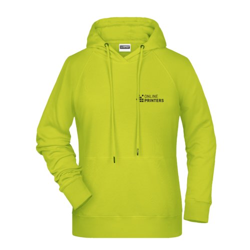 Neon gele dames hoodie van katoenmix met capuchon en trekkoord.
