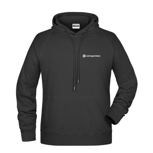 Zwarte katoen-polyester hoodie met capuchon en trekkoord.