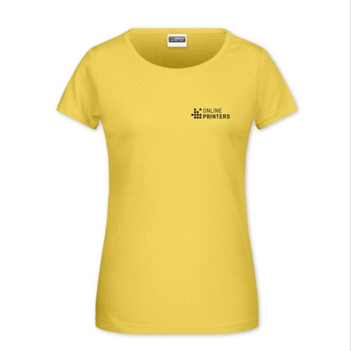 Geel katoenen T-shirt voor dames met korte mouwen en ronde hals.