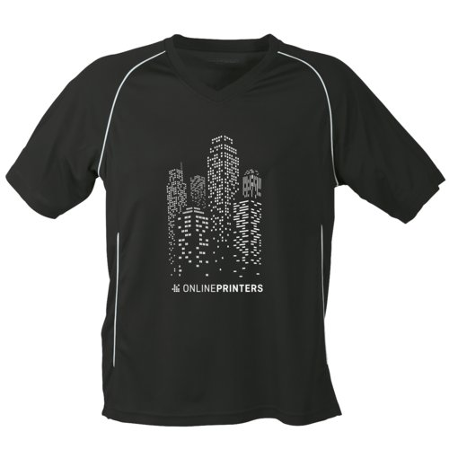 Zwart-wit polyester T-shirt met V-hals en korte mouwen.