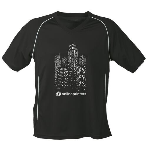 Zwart-wit polyester T-shirt met V-hals en korte mouwen.