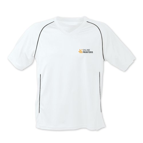 Wit en zwart polyester t-shirt met korte mouwen.