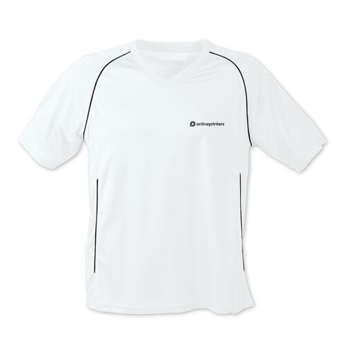 Wit en zwart polyester t-shirt met korte mouwen.