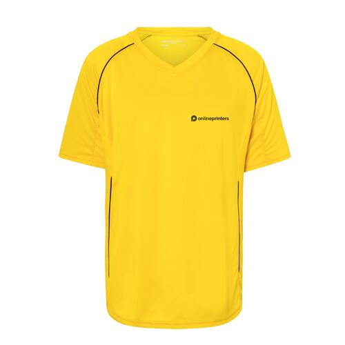 Geel polyester T-shirt met V-hals en korte mouwen.