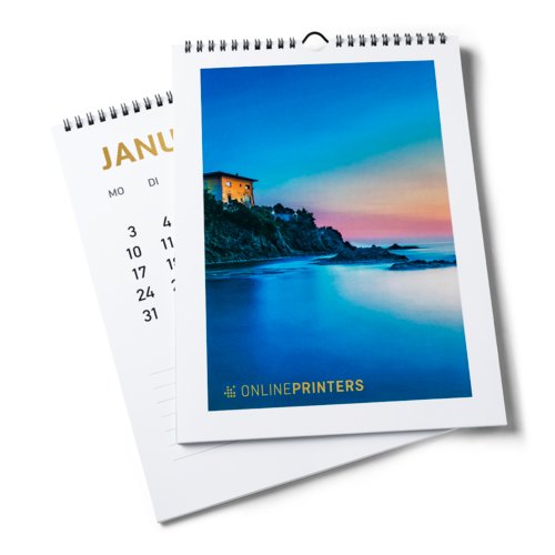 Goudkleurige papieren wandkalender met spiraalbinding en hanger.