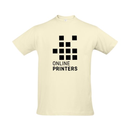 Beige katoenen heren-T-shirt met korte mouwen.