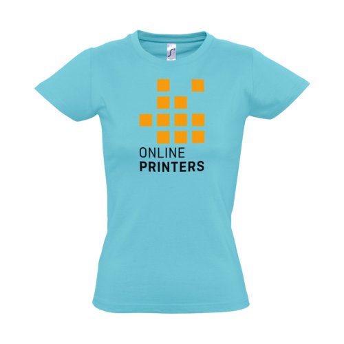 Atolblauw katoenen T-shirt voor dames met korte mouwen.