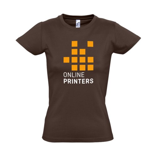 Bruin katoenen T-shirt voor dames met korte mouwen.