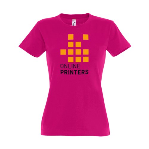 Fuchsia katoenen dames T-shirt met korte mouwen.