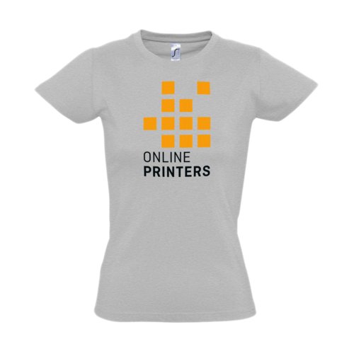 Grijs katoenen dames-T-shirt met korte mouwen.