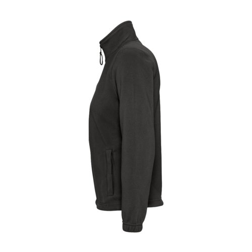 Zwarte fleece jack van polyester met volledige ritssluiting en zijzakken voor dames.