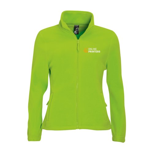 Appelgroen polyester fleece jack met volledige ritssluiting en zakken.