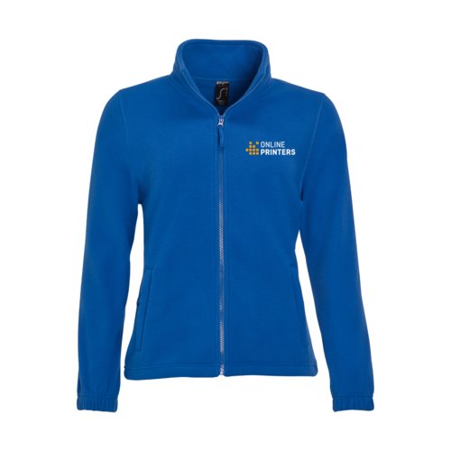 Koningsblauwe fleecejas van polyester voor dames met volledige ritssluiting.