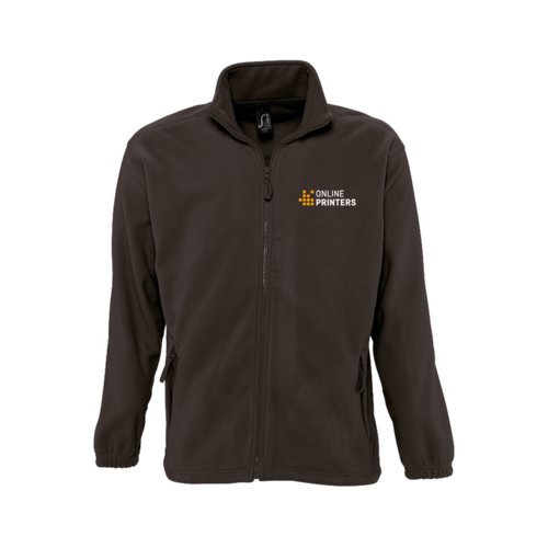 Donkerbruin fleecejack van polyester met volledige ritssluiting en zakken.