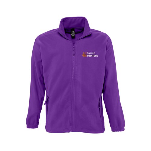 Donker violet polyester fleecejack met volledige ritssluiting.