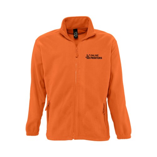 Oranje fleecejack van polyester met volledige ritssluiting.
