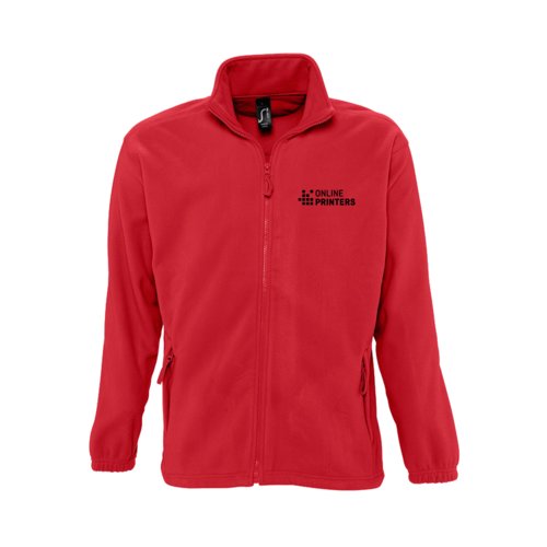 Rood fleecejack van polyester met volledige ritssluiting.