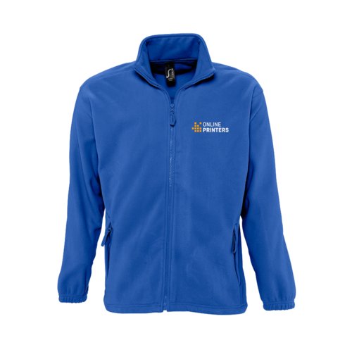 Koningsblauwe fleece jas van polyester met volledige ritssluiting.