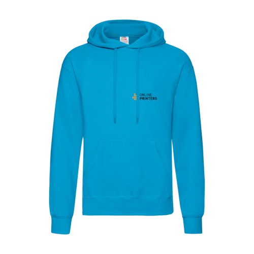 Azuurblauwe katoen-polyester hoodie voor heren met capuchon en kangoeroezak.