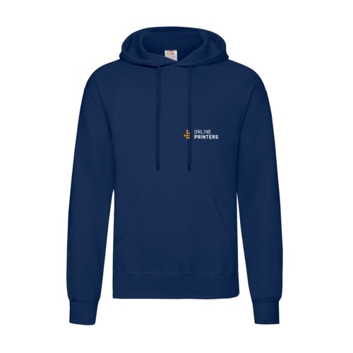 Marineblauwe katoen-polyester hoodie voor heren met capuchon en trekkoord.
