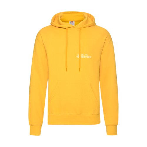 Gele katoen-polyester herenhoodie met capuchon en kangoeroezak.