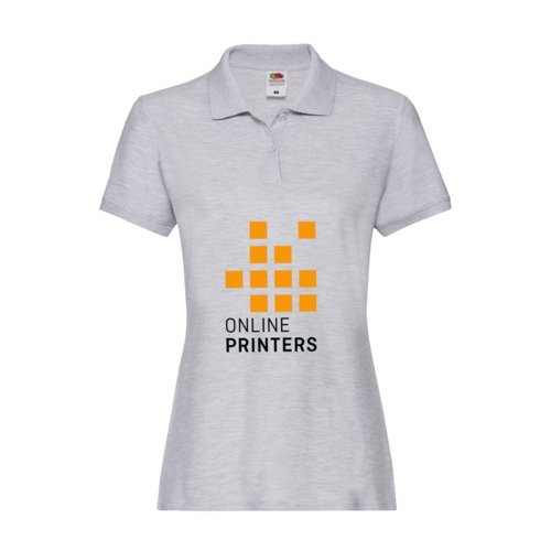 Grijs gemleerd katoenen damespoloshirt met korte knoopsluiting.