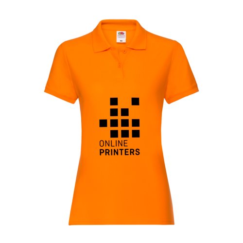 Oranje katoenen poloshirt voor dames met korte knoopsluiting.