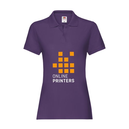 Paars katoenen damespoloshirt met korte knoopsluiting.