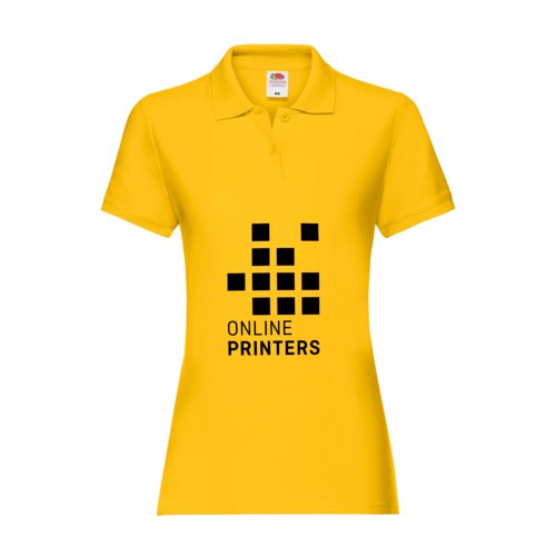 Geel katoenen damespoloshirt met korte knoopsluiting.