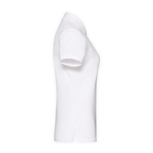 Wit katoenen damespoloshirt met korte knoopsluiting.