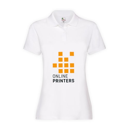Wit katoenen damespoloshirt met korte mouwen en kraag.