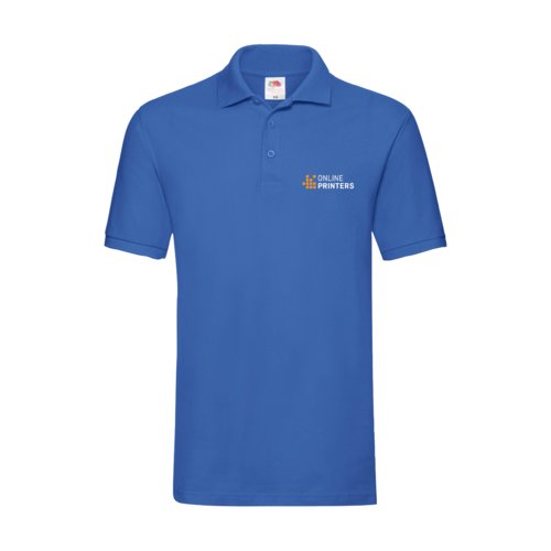 Koningsblauwe katoenen polo voor heren met korte knoopsluiting.