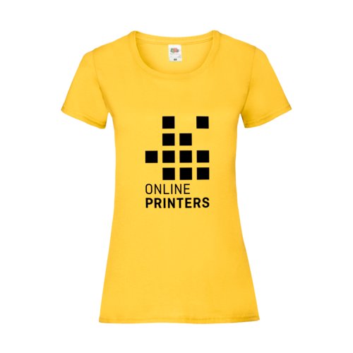 Geel katoenen dames-T-shirt met korte mouwen.
