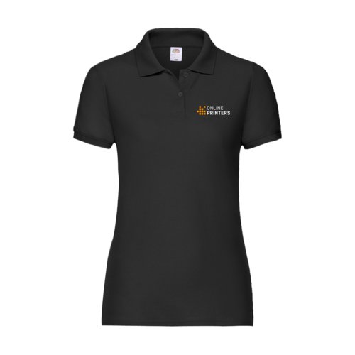 Zwart damespoloshirt van polyester-katoenmix met korte mouwen.