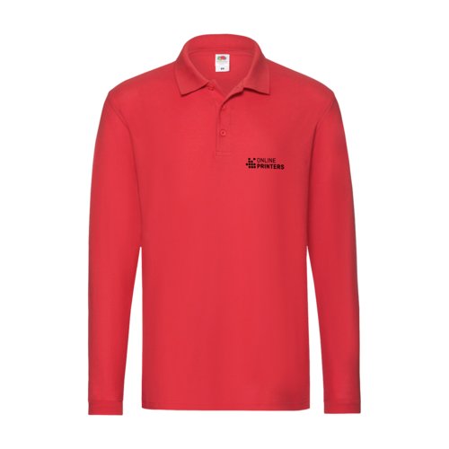 Rode katoenen polo met lange mouwen en knoopsluiting.