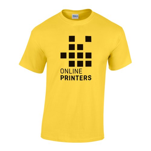 Geel katoenen T-shirt met korte mouwen.