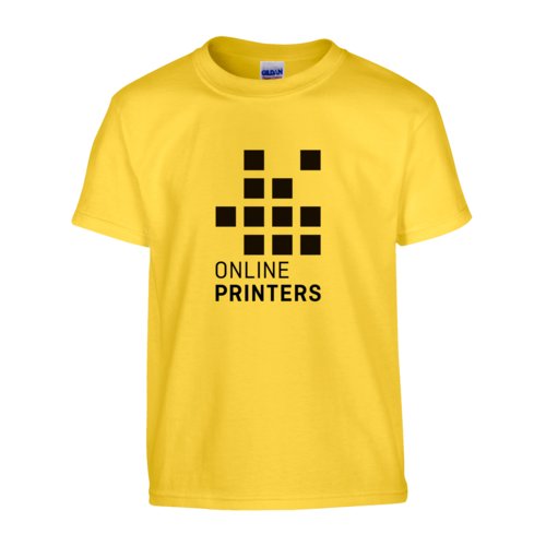 Geel katoenen T-shirt, unisex model, met korte mouwen.
