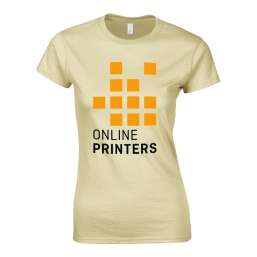Zandkleurig dames-T-shirt van katoenen jersey met korte mouwen.