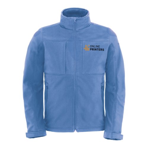 Azuurblauwe softshell jas van polyester en elastaan met rits en zakken.